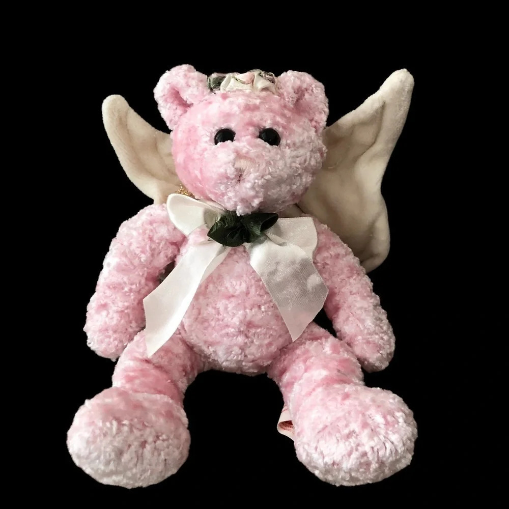 PBC International vintage pink angel teddy‎ bear wings bow chenille 8 inch 90s